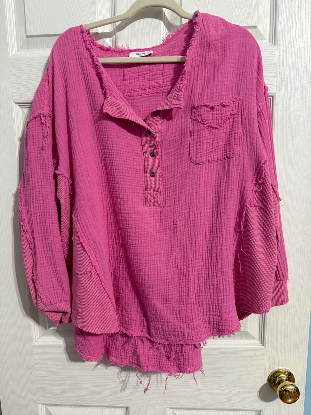Bluivy Hot Pink Distressed Gauze Henley